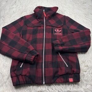 Adidas Women's L Red Plaid Blend Zip Front Jacket Streetwear Lumberjack